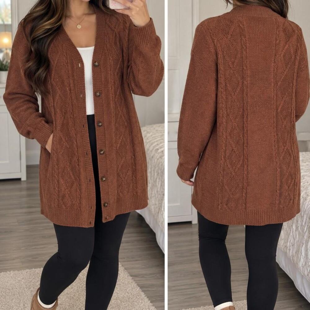 Karen scott brown cable knit cardigan